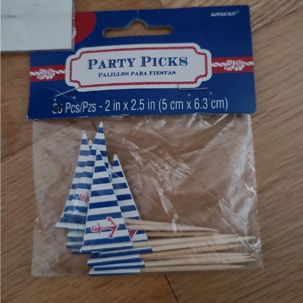 Amscan Blue and White Nautical Party Decorations. Anchor striped party picks - Picture 1 of 2